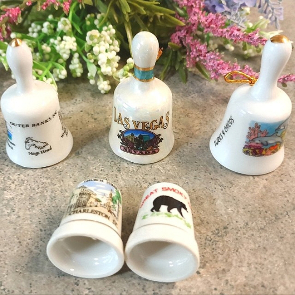 3 Vintage Collectible Miniature Bells & 2 Vintage Thimbles
